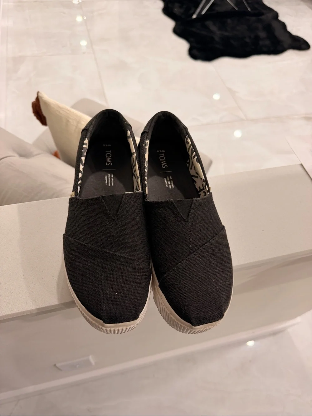 TOMS Alpargata Boardwalk Black Heritage Canvas Platform Slip-Ons - Size 9.5